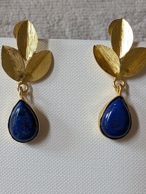 Gold Leaf Drop Earrings with Blue Teardrop Stone